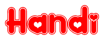 The image displays the word Handi written in a stylized red font with hearts inside the letters.