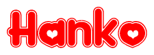 The image is a clipart featuring the word Hanko written in a stylized font with a heart shape replacing inserted into the center of each letter. The color scheme of the text and hearts is red with a light outline.