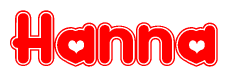 The image is a clipart featuring the word Hanna written in a stylized font with a heart shape replacing inserted into the center of each letter. The color scheme of the text and hearts is red with a light outline.