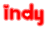 The image is a clipart featuring the word Indy written in a stylized font with a heart shape replacing inserted into the center of each letter. The color scheme of the text and hearts is red with a light outline.