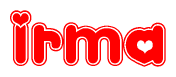 The image is a clipart featuring the word Irma written in a stylized font with a heart shape replacing inserted into the center of each letter. The color scheme of the text and hearts is red with a light outline.