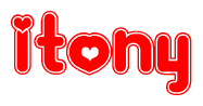 The image is a red and white graphic with the word Itony written in a decorative script. Each letter in  is contained within its own outlined bubble-like shape. Inside each letter, there is a white heart symbol.