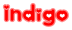 The image displays the word Indigo written in a stylized red font with hearts inside the letters.