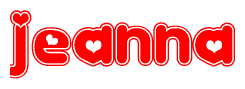 The image is a red and white graphic with the word Jeanna written in a decorative script. Each letter in  is contained within its own outlined bubble-like shape. Inside each letter, there is a white heart symbol.