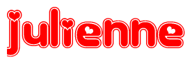 The image is a red and white graphic with the word Julienne written in a decorative script. Each letter in  is contained within its own outlined bubble-like shape. Inside each letter, there is a white heart symbol.