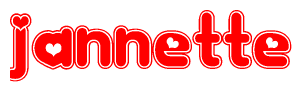 The image is a red and white graphic with the word Jannette written in a decorative script. Each letter in  is contained within its own outlined bubble-like shape. Inside each letter, there is a white heart symbol.