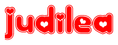 The image is a red and white graphic with the word Judilea written in a decorative script. Each letter in  is contained within its own outlined bubble-like shape. Inside each letter, there is a white heart symbol.