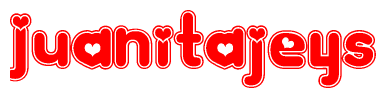 The image is a red and white graphic with the word Juanitajeys written in a decorative script. Each letter in  is contained within its own outlined bubble-like shape. Inside each letter, there is a white heart symbol.