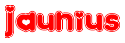 The image is a red and white graphic with the word Jaunius written in a decorative script. Each letter in  is contained within its own outlined bubble-like shape. Inside each letter, there is a white heart symbol.