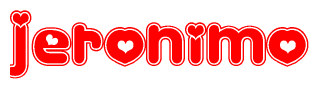 The image displays the word Jeronimo written in a stylized red font with hearts inside the letters.