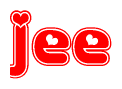 The image is a red and white graphic with the word Jee written in a decorative script. Each letter in  is contained within its own outlined bubble-like shape. Inside each letter, there is a white heart symbol.