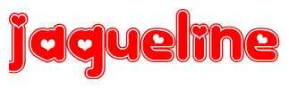 The image is a red and white graphic with the word Jaqueline written in a decorative script. Each letter in  is contained within its own outlined bubble-like shape. Inside each letter, there is a white heart symbol.