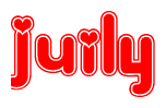 The image is a red and white graphic with the word Juily written in a decorative script. Each letter in  is contained within its own outlined bubble-like shape. Inside each letter, there is a white heart symbol.