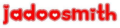 The image is a red and white graphic with the word Jadoosmith written in a decorative script. Each letter in  is contained within its own outlined bubble-like shape. Inside each letter, there is a white heart symbol.