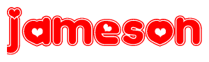 The image is a clipart featuring the word Jameson written in a stylized font with a heart shape replacing inserted into the center of each letter. The color scheme of the text and hearts is red with a light outline.