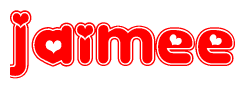 The image is a clipart featuring the word Jaimee written in a stylized font with a heart shape replacing inserted into the center of each letter. The color scheme of the text and hearts is red with a light outline.