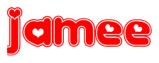 The image displays the word Jamee written in a stylized red font with hearts inside the letters.