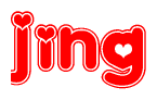 The image is a red and white graphic with the word Jing written in a decorative script. Each letter in  is contained within its own outlined bubble-like shape. Inside each letter, there is a white heart symbol.
