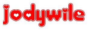   The image is a clipart featuring the word Jodywile written in a stylized font with a heart shape replacing inserted into the center of each letter. The color scheme of the text and hearts is red with a light outline. 