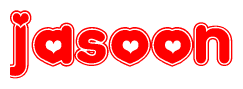 The image is a red and white graphic with the word Jasoon written in a decorative script. Each letter in  is contained within its own outlined bubble-like shape. Inside each letter, there is a white heart symbol.