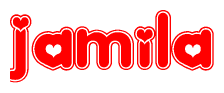 The image is a clipart featuring the word Jamila written in a stylized font with a heart shape replacing inserted into the center of each letter. The color scheme of the text and hearts is red with a light outline.