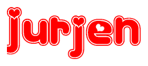 The image is a red and white graphic with the word Jurjen written in a decorative script. Each letter in  is contained within its own outlined bubble-like shape. Inside each letter, there is a white heart symbol.