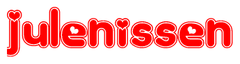 The image is a red and white graphic with the word Julenissen written in a decorative script. Each letter in  is contained within its own outlined bubble-like shape. Inside each letter, there is a white heart symbol.