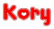 The image is a red and white graphic with the word Kory written in a decorative script. Each letter in  is contained within its own outlined bubble-like shape. Inside each letter, there is a white heart symbol.