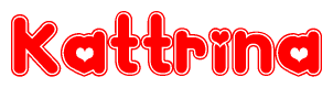 The image is a red and white graphic with the word Kattrina written in a decorative script. Each letter in  is contained within its own outlined bubble-like shape. Inside each letter, there is a white heart symbol.