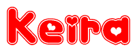 The image is a red and white graphic with the word Keira written in a decorative script. Each letter in  is contained within its own outlined bubble-like shape. Inside each letter, there is a white heart symbol.