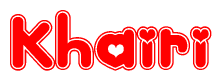 The image is a red and white graphic with the word Khairi written in a decorative script. Each letter in  is contained within its own outlined bubble-like shape. Inside each letter, there is a white heart symbol.