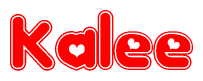 The image is a red and white graphic with the word Kalee written in a decorative script. Each letter in  is contained within its own outlined bubble-like shape. Inside each letter, there is a white heart symbol.