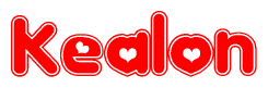 The image is a red and white graphic with the word Kealon written in a decorative script. Each letter in  is contained within its own outlined bubble-like shape. Inside each letter, there is a white heart symbol.