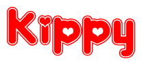 The image is a red and white graphic with the word Kippy written in a decorative script. Each letter in  is contained within its own outlined bubble-like shape. Inside each letter, there is a white heart symbol.