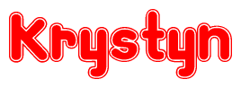 The image is a red and white graphic with the word Krystyn written in a decorative script. Each letter in  is contained within its own outlined bubble-like shape. Inside each letter, there is a white heart symbol.