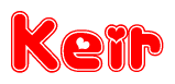   The image is a red and white graphic with the word Keir written in a decorative script. Each letter in  is contained within its own outlined bubble-like shape. Inside each letter, there is a white heart symbol. 
