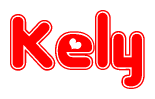 The image is a red and white graphic with the word Kely written in a decorative script. Each letter in  is contained within its own outlined bubble-like shape. Inside each letter, there is a white heart symbol.