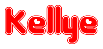 The image is a red and white graphic with the word Kellye written in a decorative script. Each letter in  is contained within its own outlined bubble-like shape. Inside each letter, there is a white heart symbol.