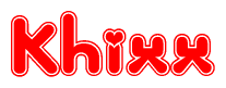 The image is a clipart featuring the word Khixx written in a stylized font with a heart shape replacing inserted into the center of each letter. The color scheme of the text and hearts is red with a light outline.