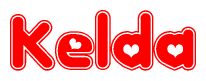 The image displays the word Kelda written in a stylized red font with hearts inside the letters.