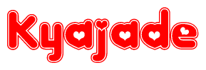 The image is a red and white graphic with the word Kyajade written in a decorative script. Each letter in  is contained within its own outlined bubble-like shape. Inside each letter, there is a white heart symbol.