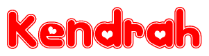 The image is a red and white graphic with the word Kendrah written in a decorative script. Each letter in  is contained within its own outlined bubble-like shape. Inside each letter, there is a white heart symbol.