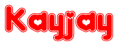 The image is a red and white graphic with the word Kayjay written in a decorative script. Each letter in  is contained within its own outlined bubble-like shape. Inside each letter, there is a white heart symbol.