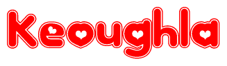 The image is a red and white graphic with the word Keoughla written in a decorative script. Each letter in  is contained within its own outlined bubble-like shape. Inside each letter, there is a white heart symbol.