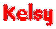The image is a red and white graphic with the word Kelsy written in a decorative script. Each letter in  is contained within its own outlined bubble-like shape. Inside each letter, there is a white heart symbol.