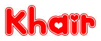 The image is a clipart featuring the word Khair written in a stylized font with a heart shape replacing inserted into the center of each letter. The color scheme of the text and hearts is red with a light outline.