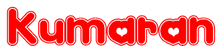 The image is a red and white graphic with the word Kumaran written in a decorative script. Each letter in  is contained within its own outlined bubble-like shape. Inside each letter, there is a white heart symbol.