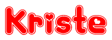 The image is a red and white graphic with the word Kriste written in a decorative script. Each letter in  is contained within its own outlined bubble-like shape. Inside each letter, there is a white heart symbol.