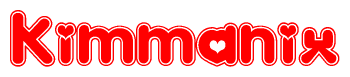 The image is a red and white graphic with the word Kimmanix written in a decorative script. Each letter in  is contained within its own outlined bubble-like shape. Inside each letter, there is a white heart symbol.