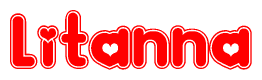 The image is a red and white graphic with the word Litanna written in a decorative script. Each letter in  is contained within its own outlined bubble-like shape. Inside each letter, there is a white heart symbol.